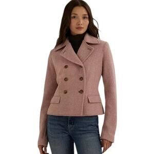 Lauren Ralph Lauren Pink Herringbone Wool Blend Double Breasted Pea Coat 10 New